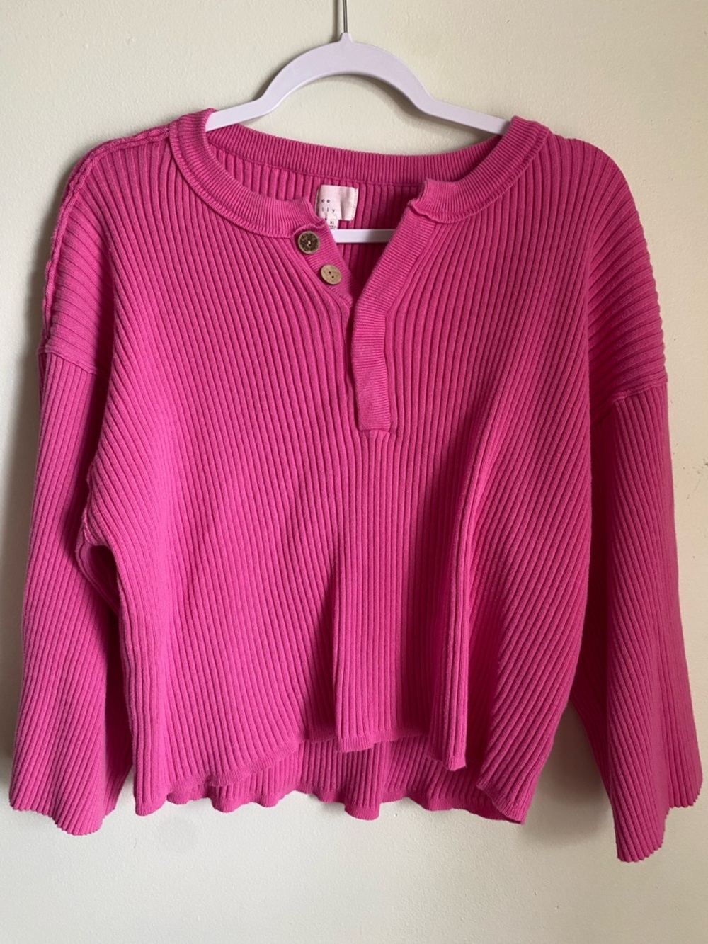 Pink Ribbed Chunky Henley Sweater with Flare Sleeves by Dee Elly